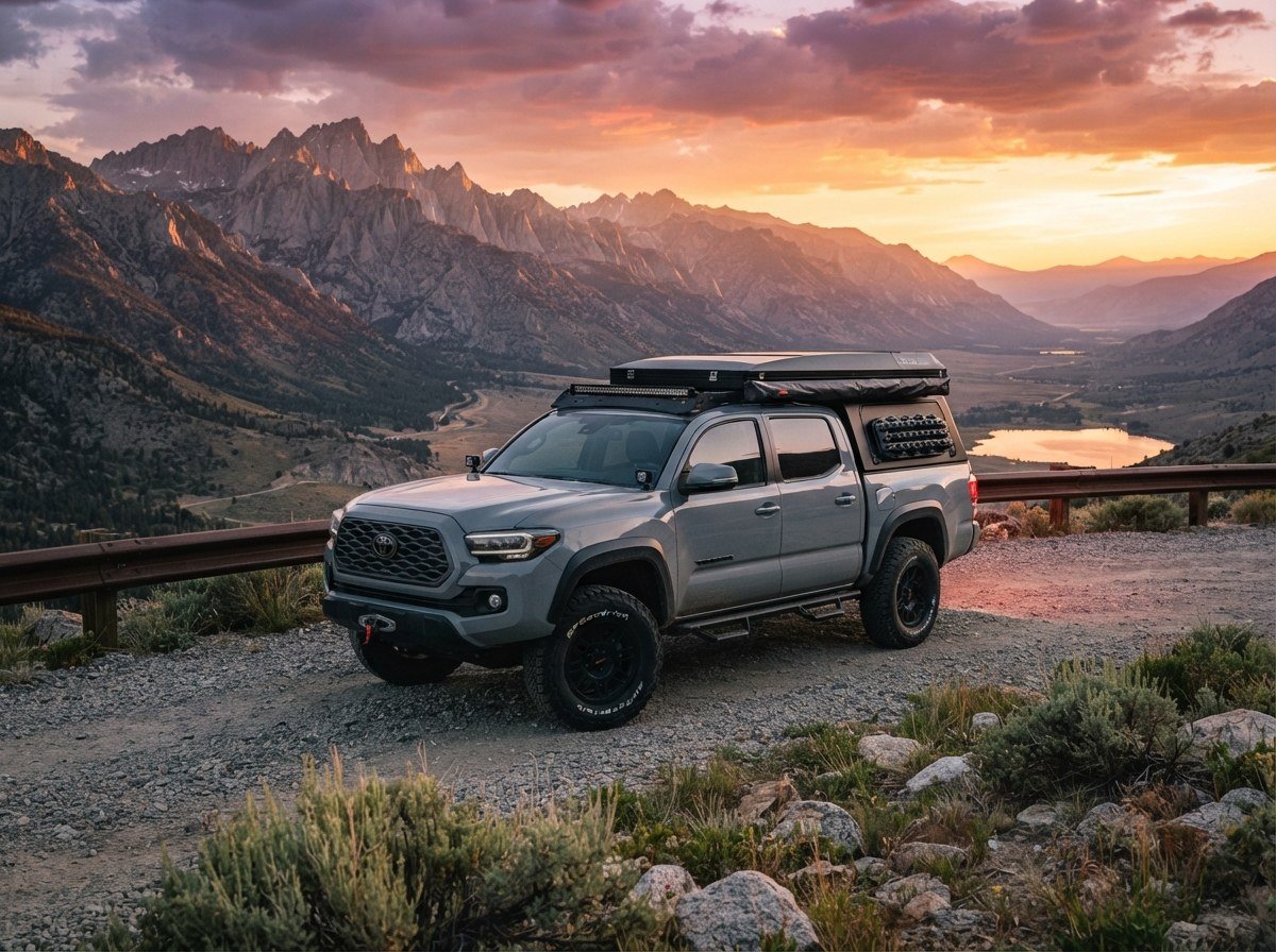 Pickup truck fitted with a hardtop topper at a mountain overlook